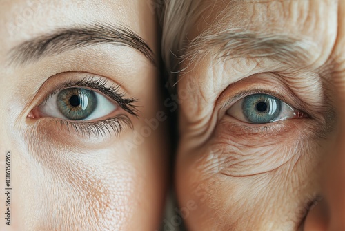 A young girl's eye next to an older woman's eye.