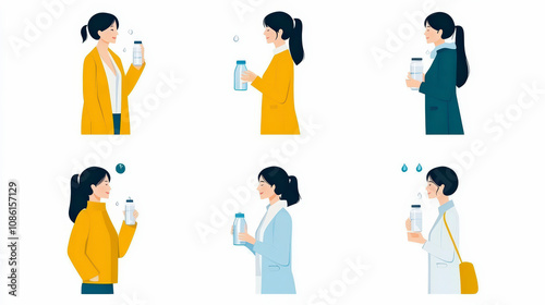 Illustration of six women in different outfits, each holding and drinking from a bottle of water, emphasizing hydration and daily life activities.