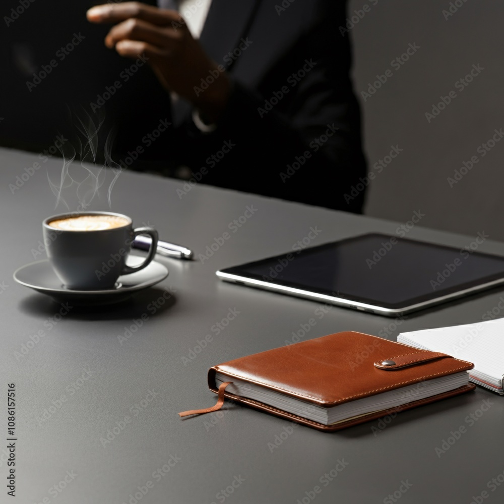 Professional workspace with a cup of coffee, tablet, and notebook on a minimalist desk Professional workspace with a cup of coffee, tablet, and notebook on a minimalist desk