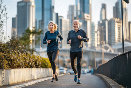 Two seniors in athletic uniforms went for a jog around the city against a backdrop of skyscrapers