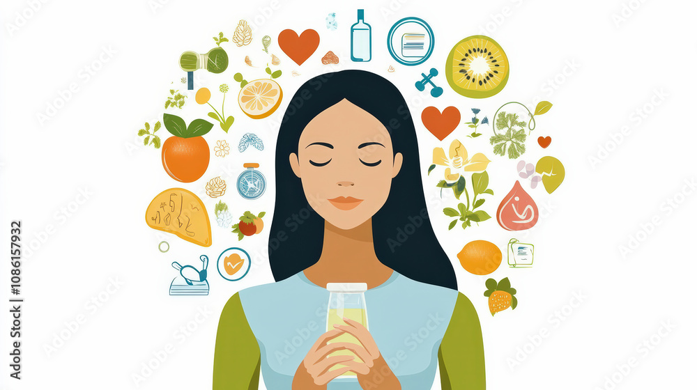 Fototapeta premium A serene woman holds a glass, surrounded by illustrations of fruits, vegetables, and health icons symbolizing wellness and mindfulness.