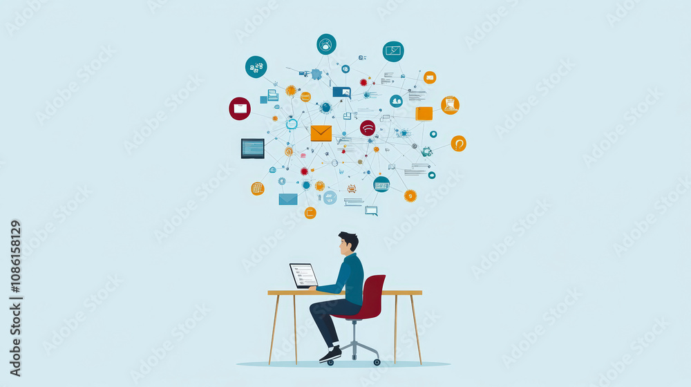 A person sits at a desk with a laptop, surrounded by floating digital communication and technology icons representing connectivity and information exchange. A person sits at a desk with a laptop, surrounded by floating digital communication and technology icons representing connectivity and information exchange.