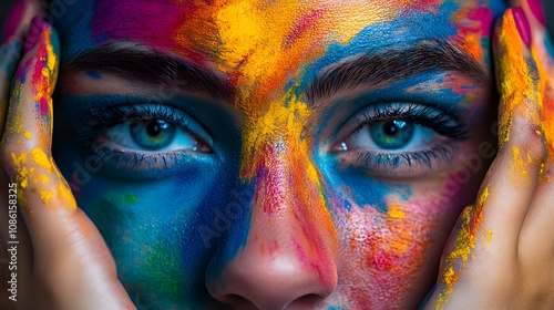 A portrait of a person covered in colorful powder 