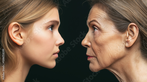 The face of a young girl and an old woman on a black background, side view