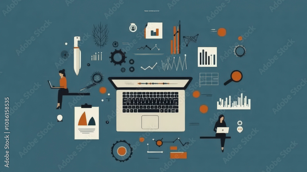 A stylized illustration of a laptop surrounded by charts, graphs, gears, and people, symbolizing data analysis and remote work in a digital environment. A stylized illustration of a laptop surrounded by charts, graphs, gears, and people, symbolizing data analysis and remote work in a digital environment.