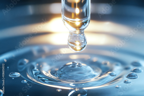 A drop of liquid hangs from the edge of a pipette or ampoule, circles on the surface of the water