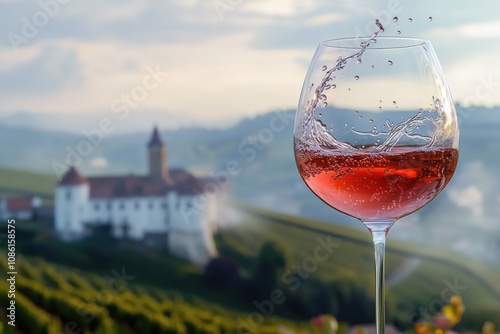 Pink wine in a glass against a background of sky, fog and an ancient castle