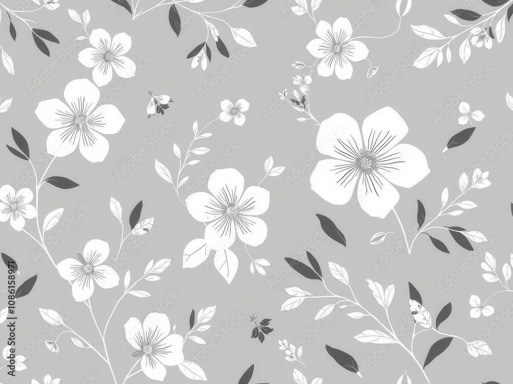 Seamless charcoal small floral elements wallpaper with delicate botanical pattern for home decor or design projects, grayscale, chic