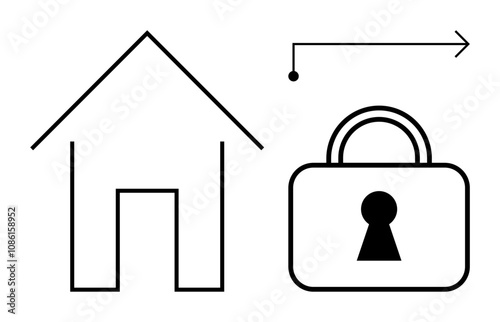 House outline, padlock with keyhole, arrow pointing right. Ideal for home security, real estate safety, data protection, secure access, online privacy personal safety. Line metaphor