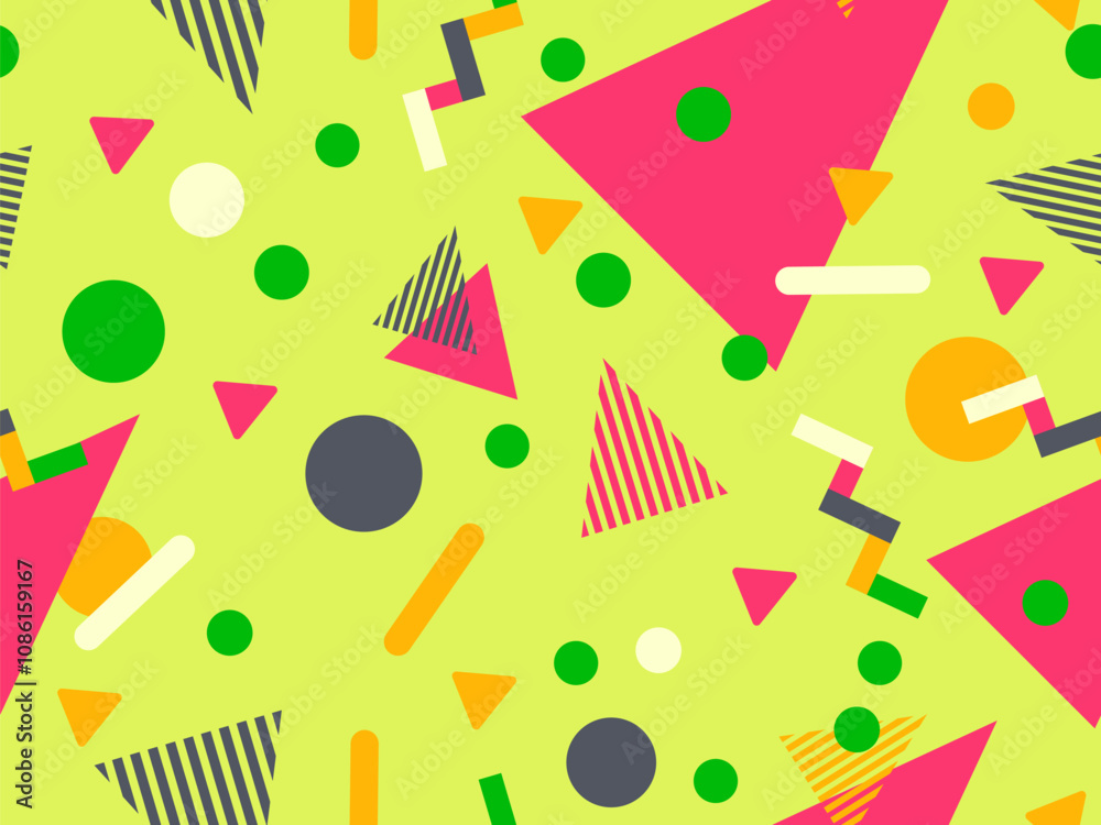 Geometric seamless pattern with memphis elements in 80s style. Colorful geometric pattern. Design of promotional products, wrapping paper and printing. Vector illustration Geometric seamless pattern with memphis elements in 80s style. Colorful geometric pattern. Design of promotional products, wrapping paper and printing. Vector illustration