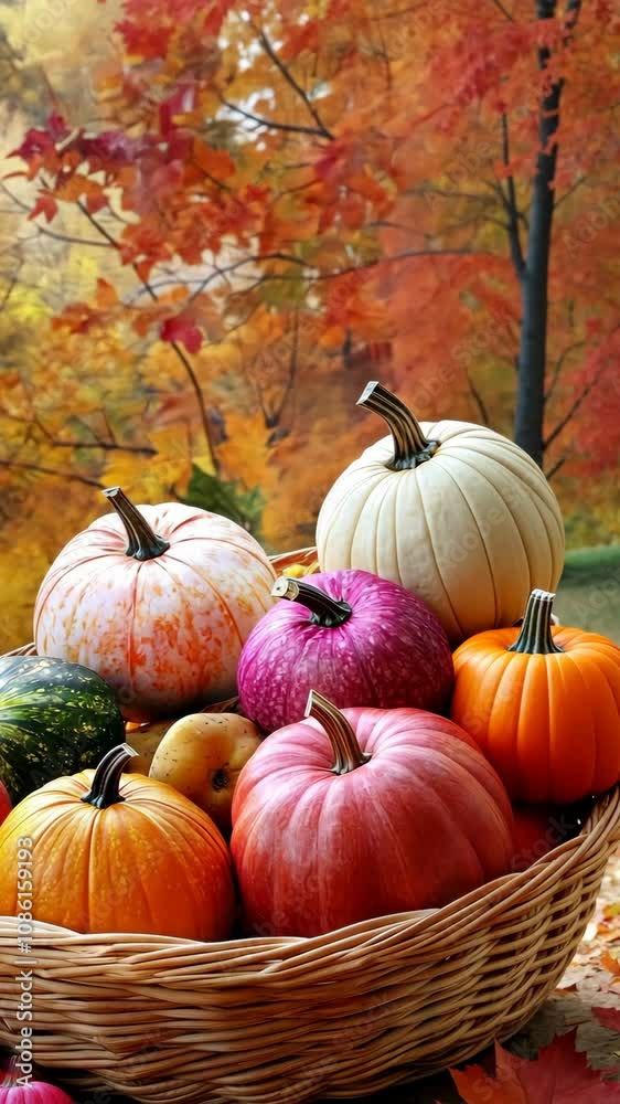 A collection of pumpkins, in shades of orange, white, pink, and purple, rest in a rustic wicker basket