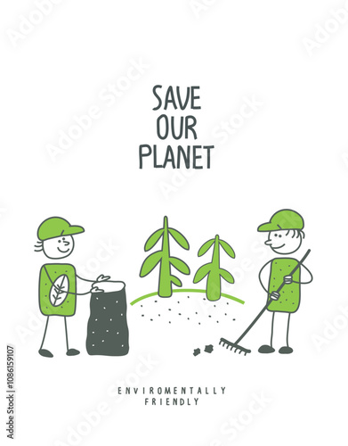 Activities for environmental protection. Vector cartoon sketch of people with with rakes and bags collecting plastic garbage. Environmentally friendly planet concept.