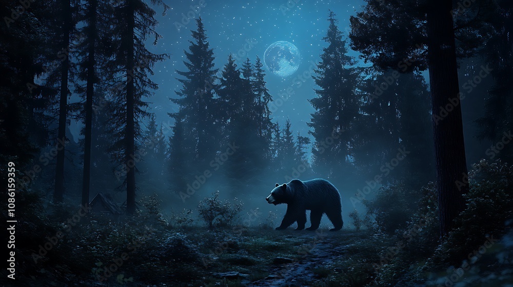 Naklejka premium a bear is standing in a forest with a full moon