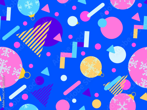 Geometric seamless pattern with Christmas balls. Christmas decorations and geometric shapes in 80's memphis style. Design of wallpapers, wrappers, covers, banners and posters. Vector illustration