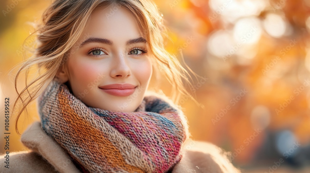 Beautiful woman smiling outdoors in autumn.