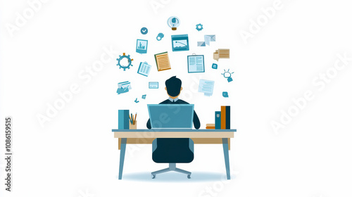 Person at desk surrounded by floating icons, representing multitasking and information overload in a modern work environment.