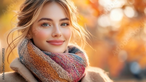 Beautiful woman smiling outdoors in autumn.