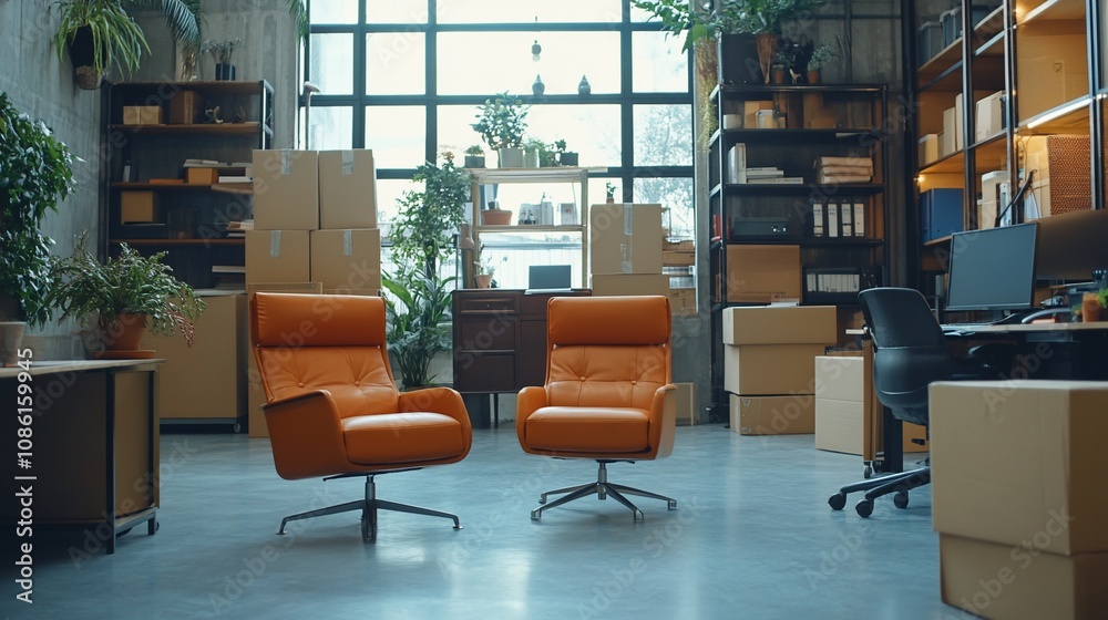 Two orange leather armchairs in a modern office space with boxes and shelving. Two orange leather armchairs in a modern office space with boxes and shelving.