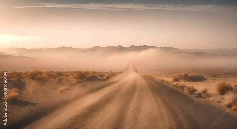 Dirt dusty country road going far away nowhere in the barren desert area and fog 4K Dirt dusty country road going far away nowhere in the barren desert area and fog 4K