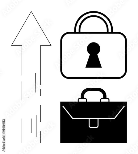 Upward arrow next to unlocked padlock and briefcase, symbolizing security and business growth. Ideal for business strategy, financial planning, growth, success, security, organizational development
