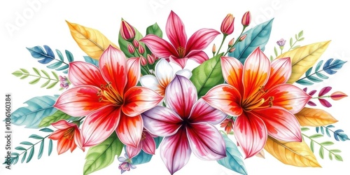 Vibrant watercolor illustration of a bouquet of flowers on a white background, bouquet, watercolor