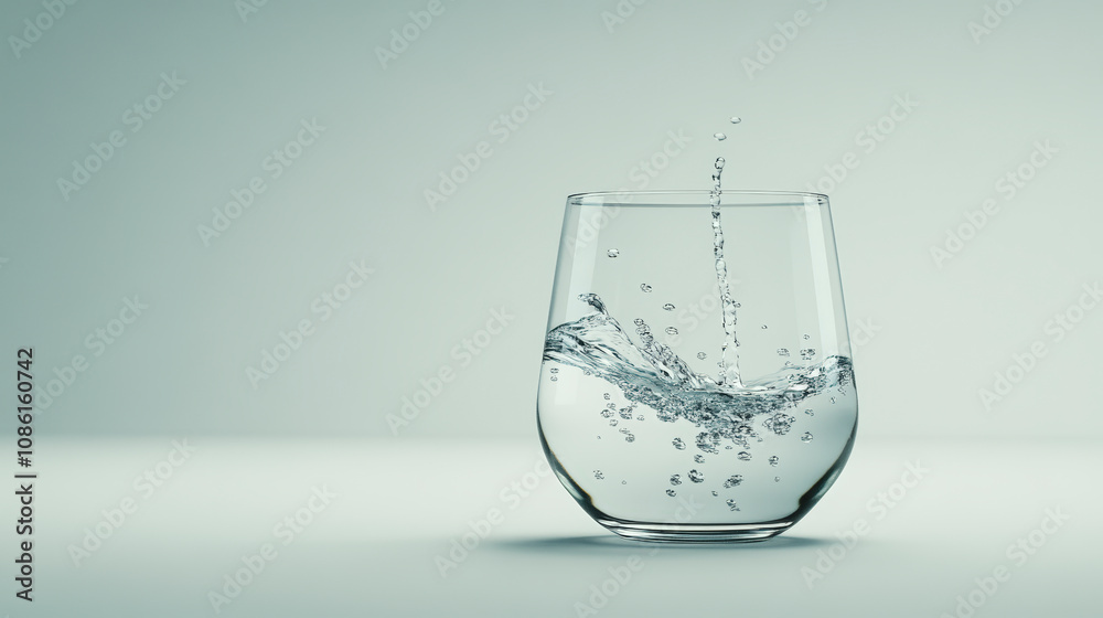 A clear glass is partially filled with splashing water, capturing movement and bubbles against a simple, neutral background. A clear glass is partially filled with splashing water, capturing movement and bubbles against a simple, neutral background.