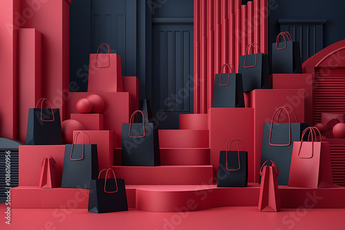 A red and black display of shopping bags