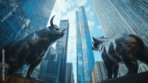 Symbolic bull and bear statues face each other in a bustling urban setting beneath the skyscrapers during the daytime