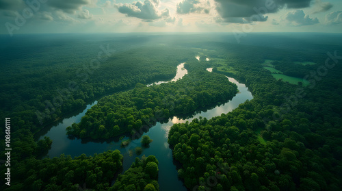 aerial view of rain forest river, river from rainforest, Ai generative