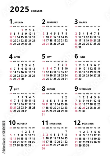 2025年_年間カレンダー_シンプル タテ型