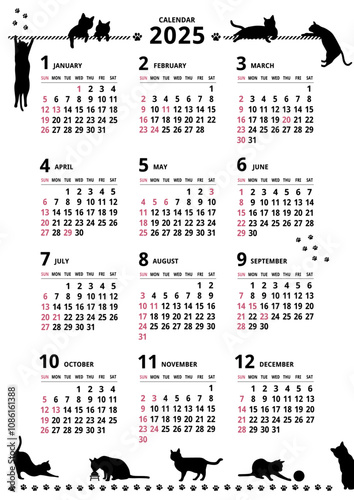 2025年_年間カレンダー_猫シルエット タテ型