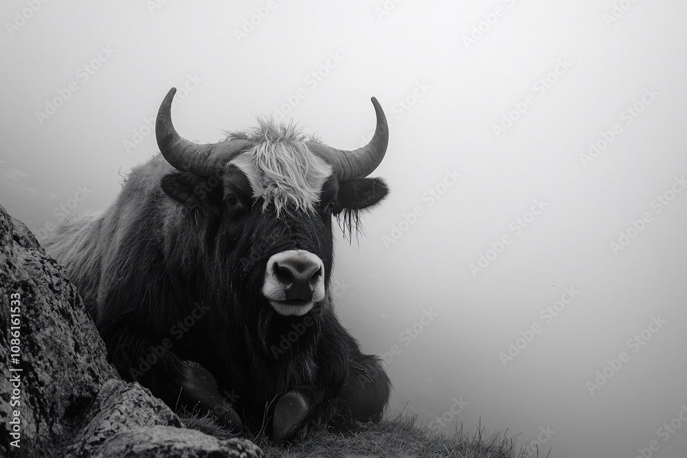 Naklejka premium Mysterious Highland Cattle in a Misty Landscape