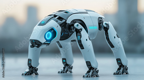 A futuristic, quadruped robot with glowing blue accents stands poised against an urban backdrop, showcasing advanced technology and robotic design.