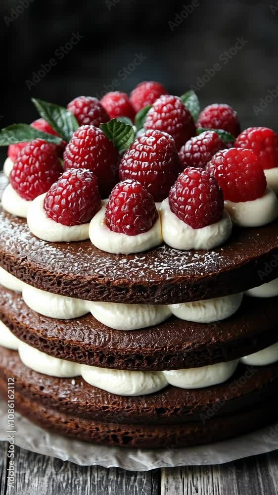 A three-layered chocolate cake is beautifully presented A three-layered chocolate cake is beautifully presented
