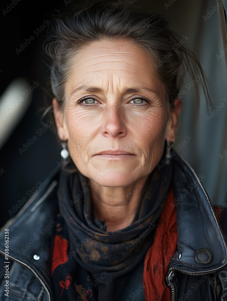 Fototapeta premium Portrait of an older woman with a scarf standing in a rustic outdoor setting. An older woman gazes intently, wearing a scarf and a leather jacket while in a rustic environment.