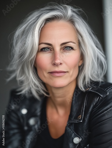 Portrait of the confident woman with silver hair wearing a leather jacket indoors. A woman with silver hair sits indoors, wearing a black leather jacket and looking directly at the camera.