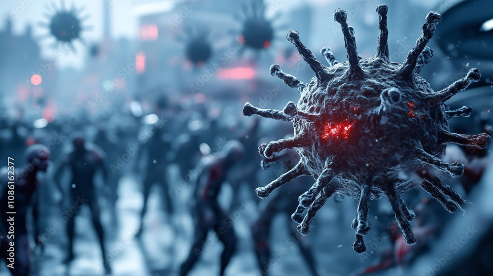 Fototapeta premium A closeup of a virus floating over a crowd of menacing zombies at dusk. Viruses looming in the air above a horde of zombies roaming the streets.