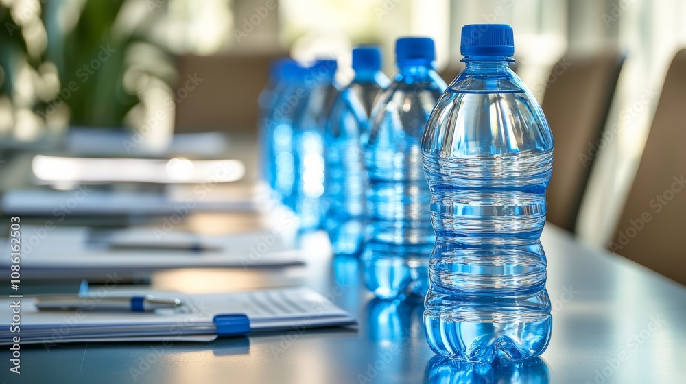 Bottled water arranged on a conference table amid documents and pens during a business meeting in a modern office setting