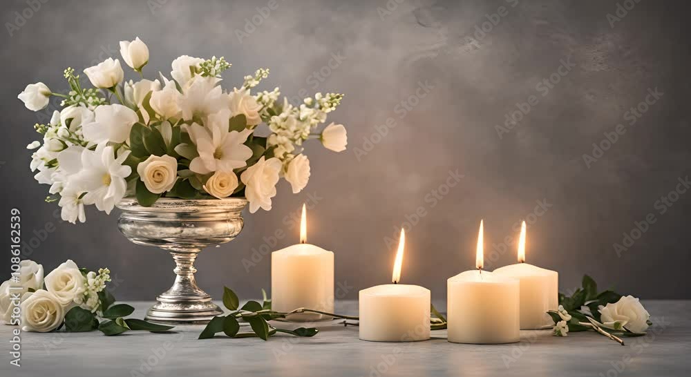 Solemn funeral white flowers and candles on dark background memory and grief wallpaper 4K