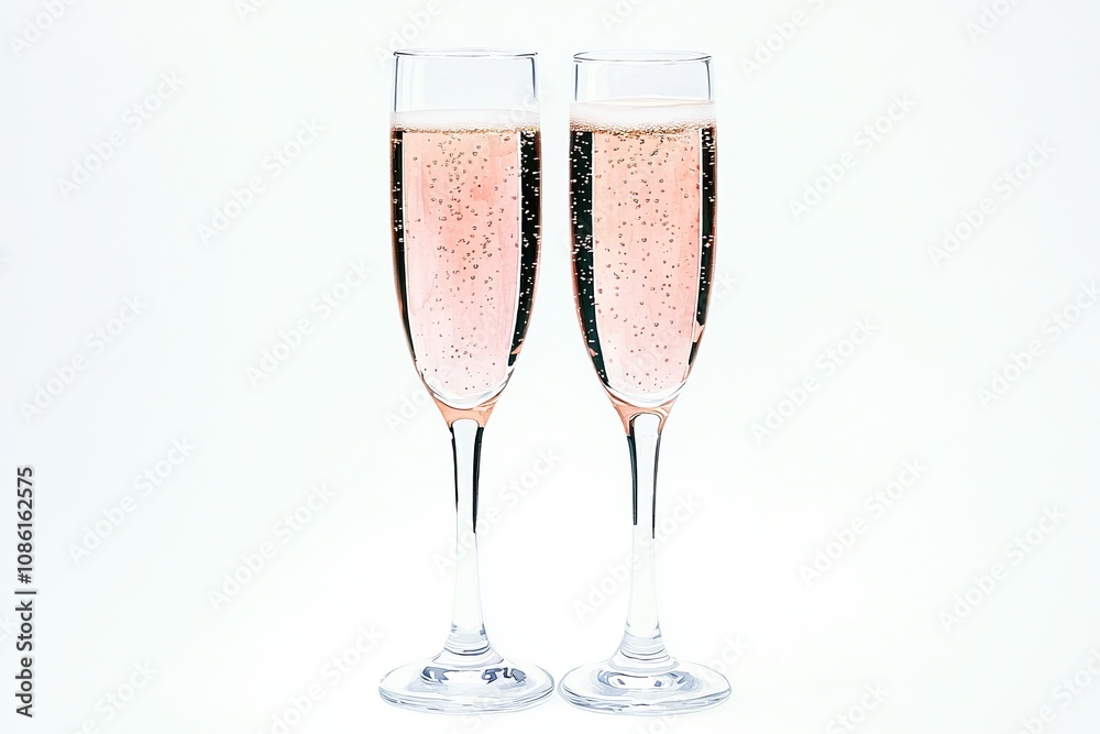 Two elegant glasses of pink champagne, perfect for celebrations and special occasions, set against a clean backdrop. white background Two elegant glasses of pink champagne, perfect for celebrations and special occasions, set against a clean backdrop. white background