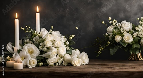 Solemn funeral white flowers and candles on dark background memory and grief wallpaper 4K