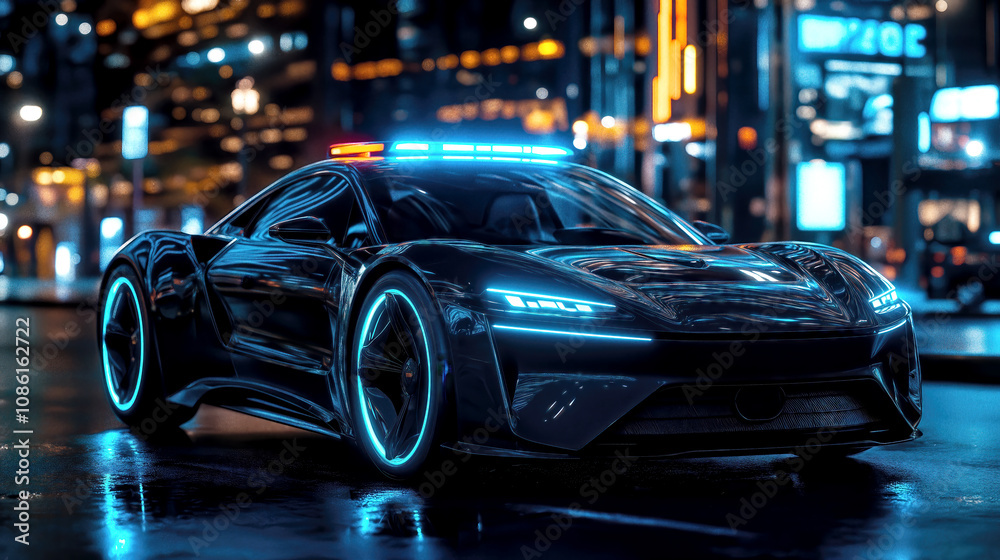 A modern police car with glowing blue lights is parked on a vibrant city street. The reflections from neon signs illuminate its sleek design against the night sky. A modern police car with glowing blue lights is parked on a vibrant city street. The reflections from neon signs illuminate its sleek design against the night sky.
