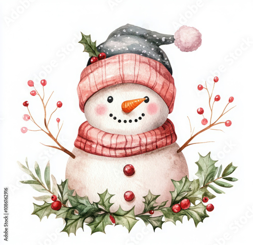 Adorable snowman wearing pink hat and scarf with holly and berries, surrounded by festive greenery. Winter holiday illustration photo