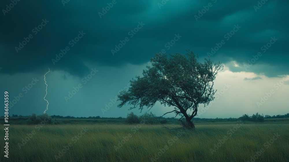 Stormy Sky with Lightning Over Isolated Tree Stormy Sky with Lightning Over Isolated Tree