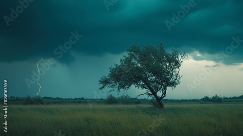 Wallpaper Mural Stormy Sky with Lightning Over Isolated Tree Torontodigital.ca