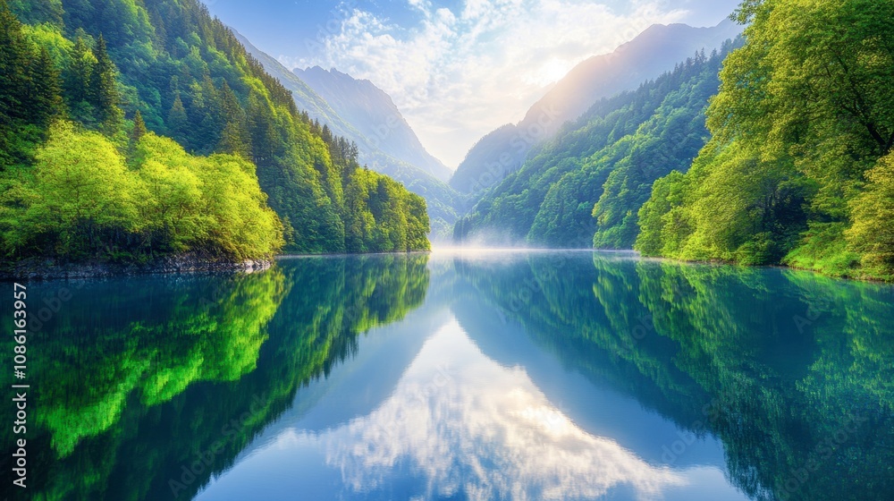 Fototapeta premium Serene Mountain Lake with Lush Green Landscape