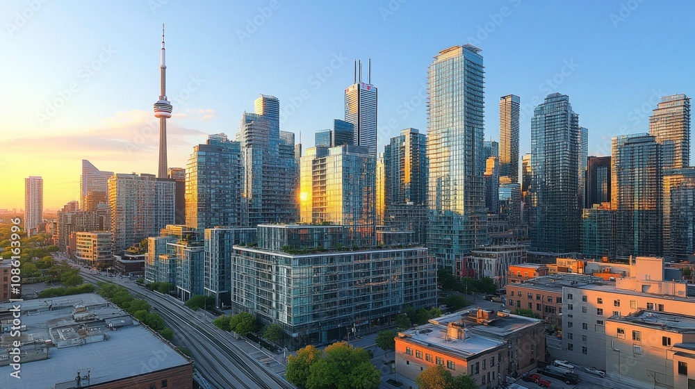 Obraz premium Sunset over a Vibrant City Skyline