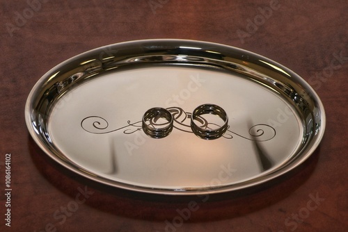 A pair of wedding rings lying on a shiny metal tray.