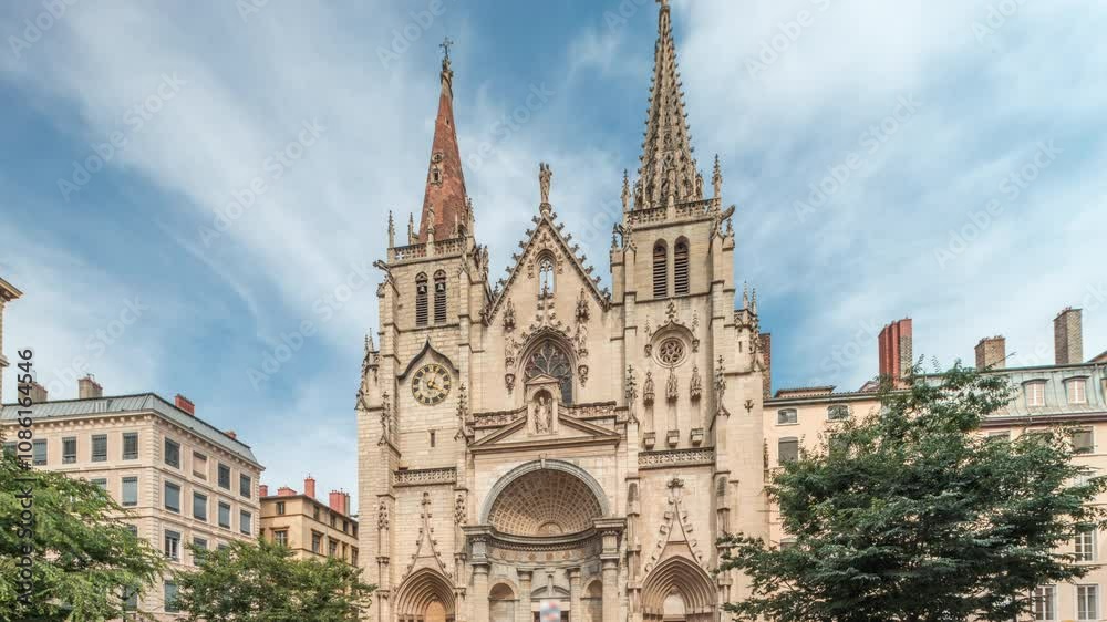 Hyperlapse of the Church of Saint-Nizier in the Presqu'ile district of Lyon, France. A historic Gothic church with ornate details, known as the Church of Holy Apostles, showcasing its facade timelapse Hyperlapse of the Church of Saint-Nizier in the Presqu'ile district of Lyon, France. A historic Gothic church with ornate details, known as the Church of Holy Apostles, showcasing its facade timelapse