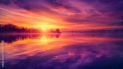 Magnificent Sunrise Over Serene Lake with Misty Reflections and Silhouetted Trees